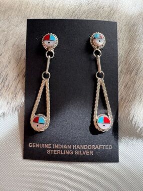 Native American Red Coral, MOP & Turquoise Inlay Drop Earrings